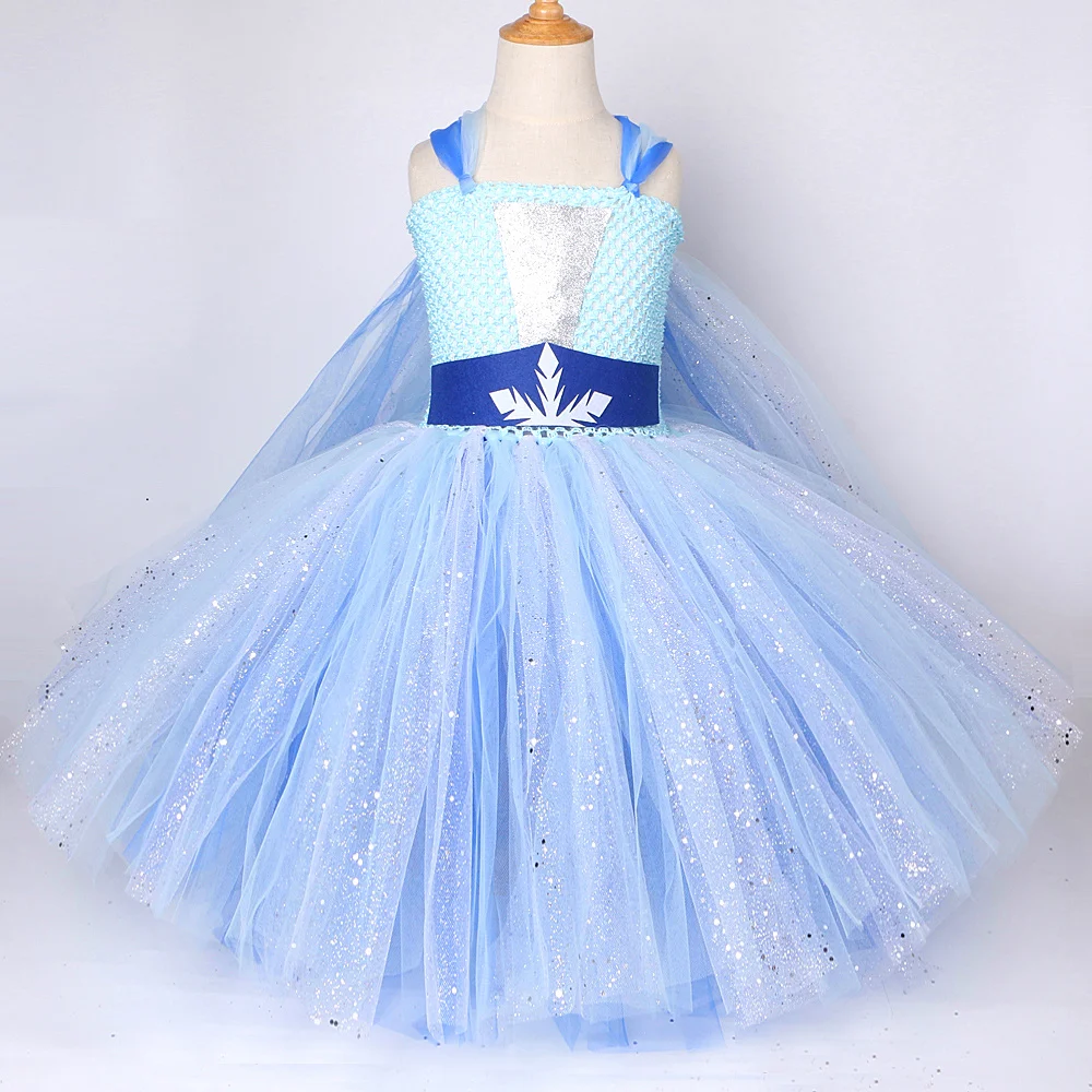 Girls Sparkly Elsa Long Dress with Cloak Kids Christmas Snow Queen Costumes Halloween Birthday Party Outfit Princess Ball Gown 