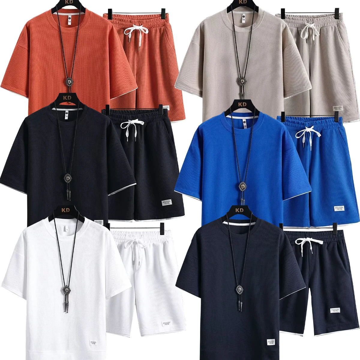 

Men's Short Sleeved Shorts Round Neck Solid Color Waffle Style Sports Port Style T-shirt Summer Student Couple Clothing