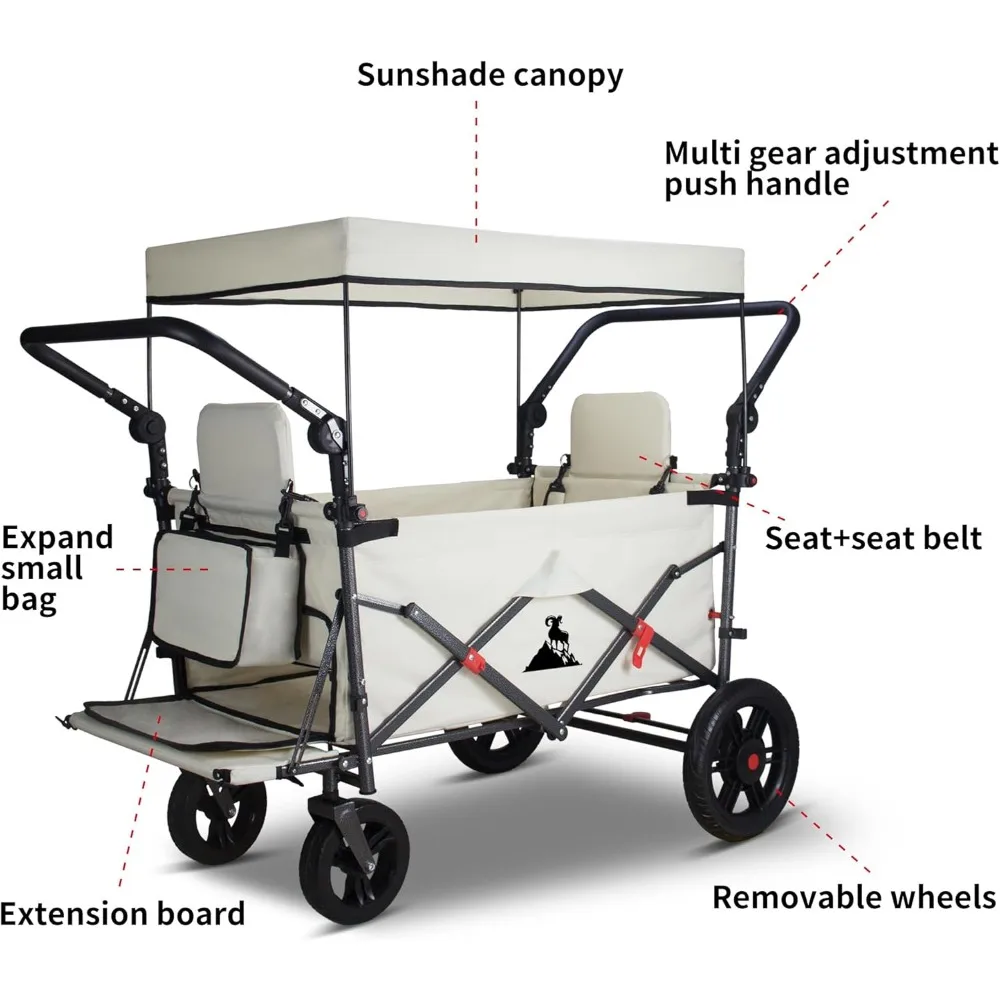 Collapsible Utility Cart with Canopy and 2 Seats, Adjustable Handle, Expandable Front for Camping and Outdoor Picnics