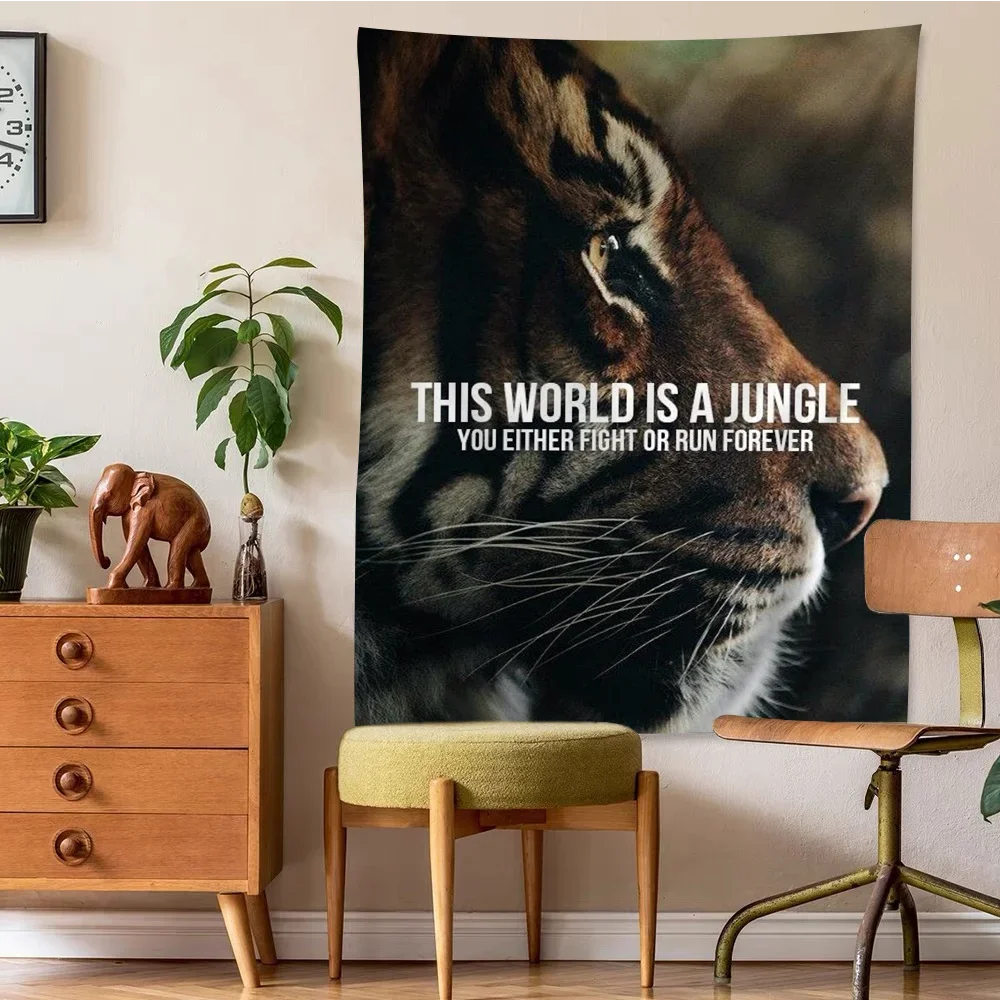 Lion Motivational Inspirational Quotes Animal Cartoon Tapestry Art Science Fiction Room Home Decor Wall Hanging Home Decor