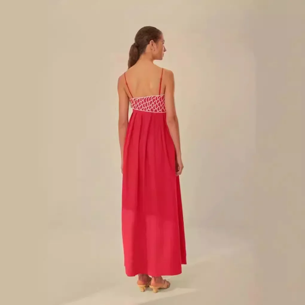 Fish Shaped Embroidered Strapless Sleeveless Pleated Red Slip Dress Women Sexy High Waist Dress Summer