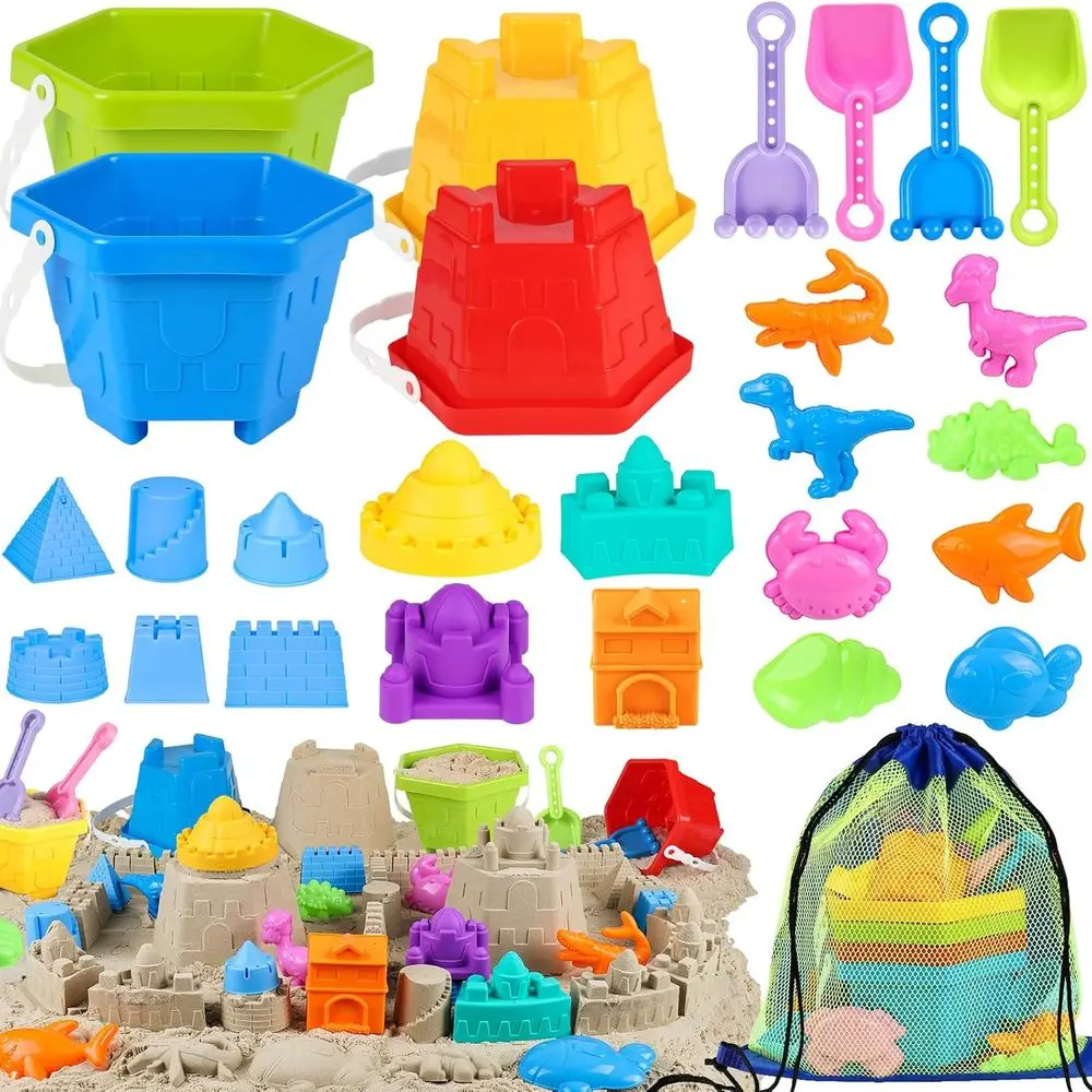 

Children's Sand Toys Set with 4 Buckets, Shovels, and Molds for Beach and Sandbox Play, Ages 4-12