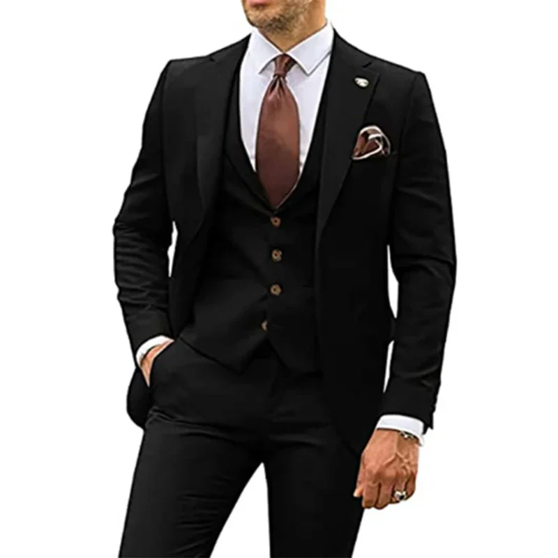 

2025 Best Selling Peak Lapel Single Breasted Men Wedding Suits Black Groom Tuxedo For Men Prom Suits Groomsman Jacket+Pant+Vest