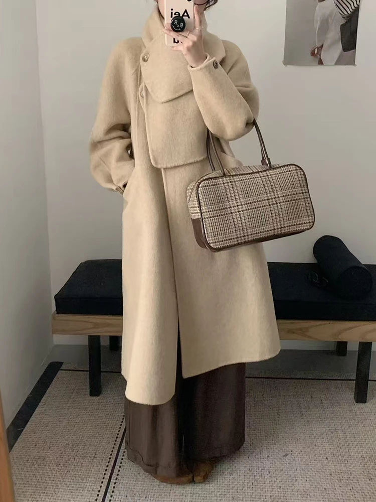 YERMORA Beige Removable Scarf Thick Casual Woolen Coat For Women Long Sleeve Loose New Overcoat Fashion Tide Autumn Winter 2025