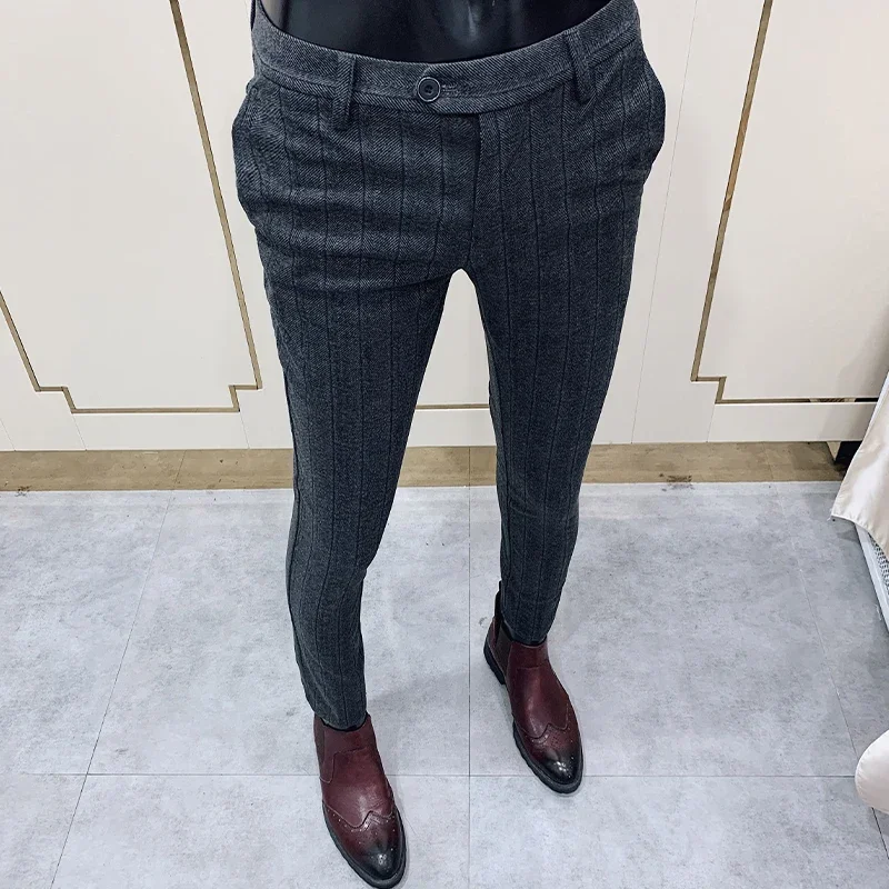 

Men Striped Woolen Suit Pants Autumn Winter Casual Trousers Thicken Keep Warm Pantalones Hombre Slim Fit Pants Men ZL76