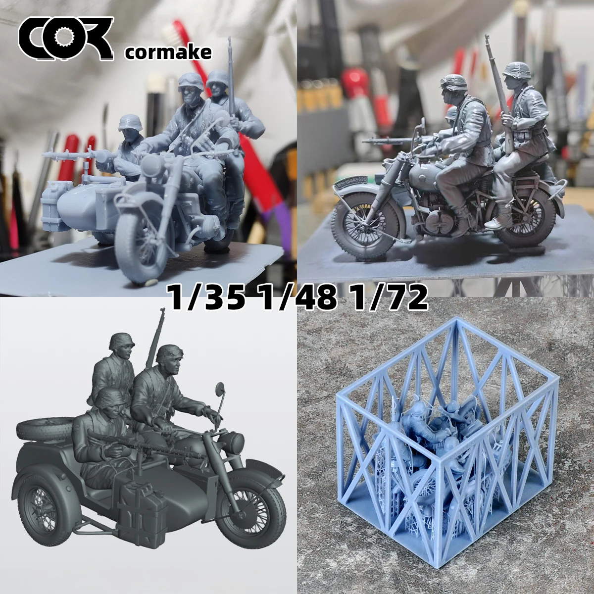 Image of Modellbausatz im Maßstab 1/35, 1/48, 1/72, Miniatur-Soldatenfiguren aus Kunstharz, Motorrad und Motorradfahrer für Diorama