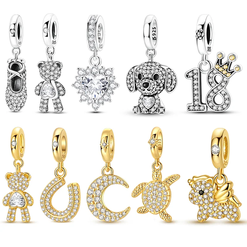 Abalorios Colgantes de Plata de Ley 925 con Diseños de Zapatos, Osos, Cachorros, Tortugas, Caballos y Luna con Circonitas, Compatibles con Pulseras Originales, Joyería para Mujer