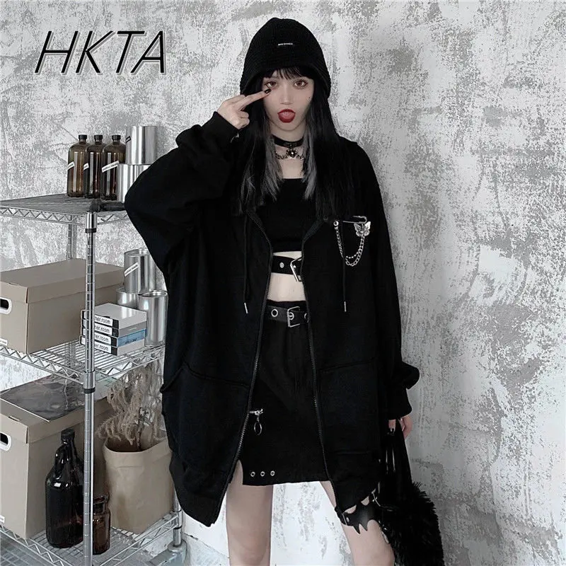 Harajuku Punk Gothic Mädchen Schwarz Mantel Herbst Winter Frauen Teufel Horn Hoodies Sweatshirt Mit Kapuze Japanische Hip Pop Jacke Y2k Top