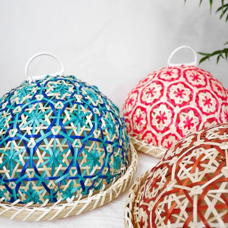 Handwoven Rattan Fruit Bowl with Lid Round Bread Basket Food Cover for Table Insect Proof Umbrella Fruits and Snacks Boho Style