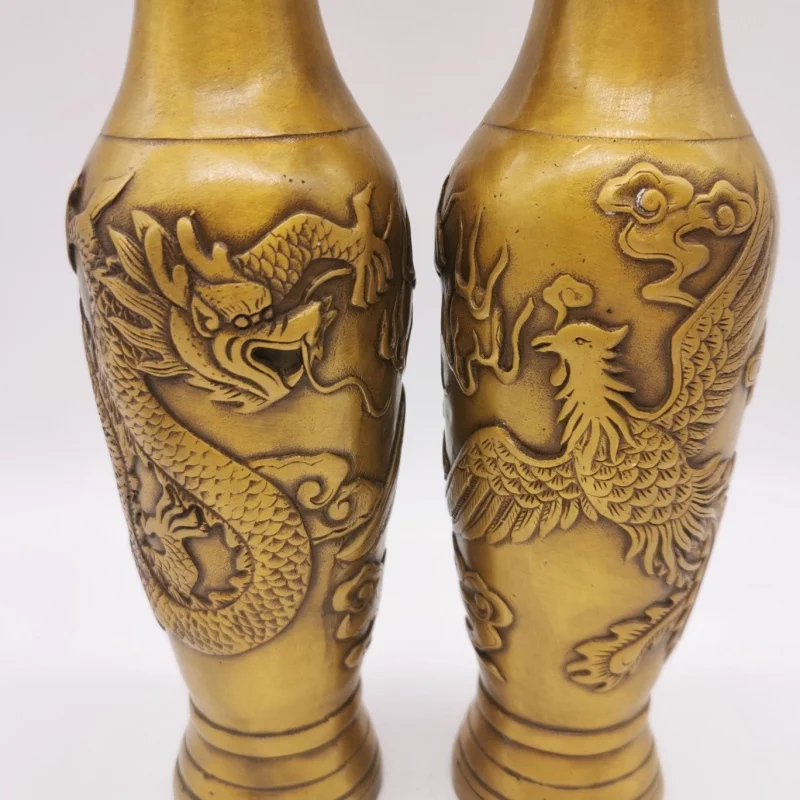 Antique Bronze Collection: Dragon Phoenix Vase, symbolizing auspiciousness good fortune, with a solid and well-formed de
