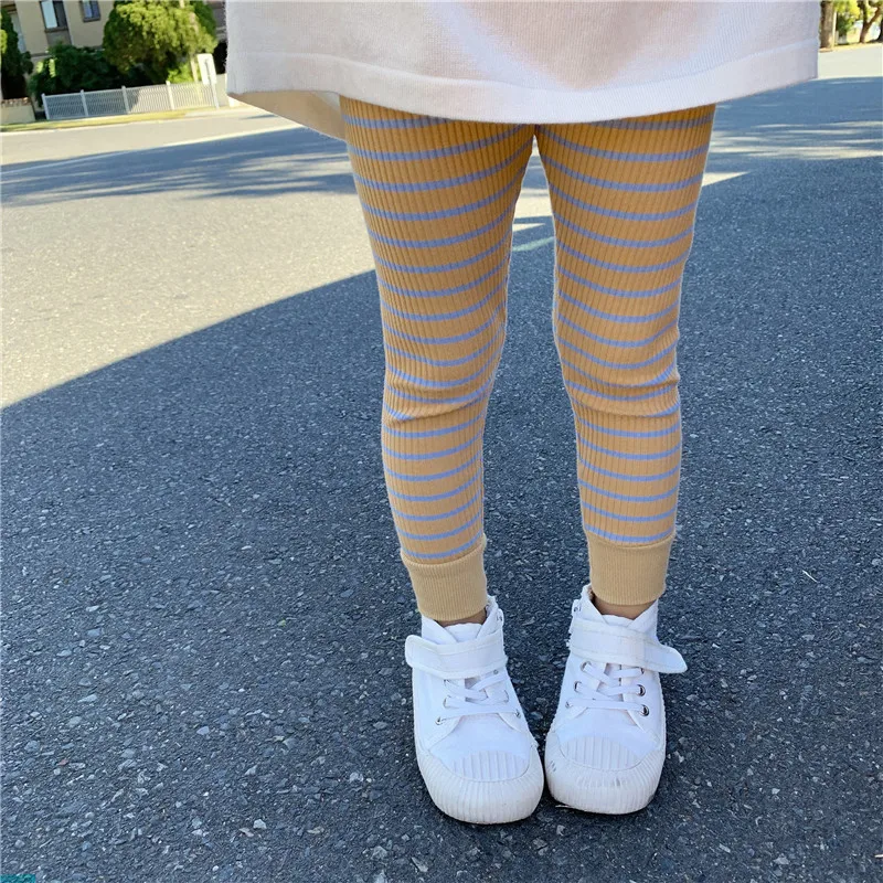 Girls\' Striped Slim Fit Leggings Fitness Pants New Cute Casual And Versatile Children\'S Clothing For Autumn Baby Kids Trousers