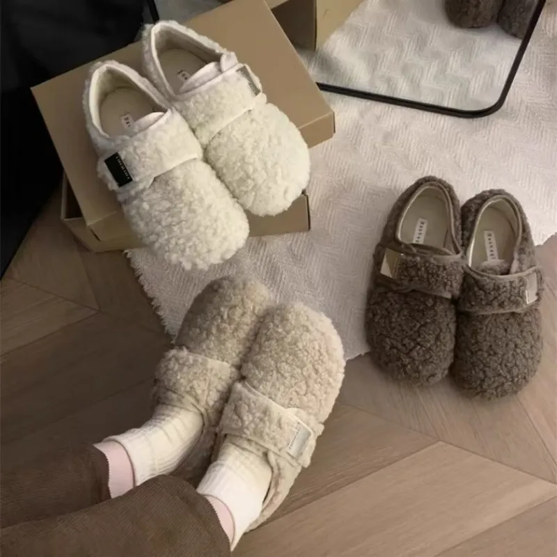 2025 Winter Vintage Cute Women's Plush Fur Shoes | Hook & Loop Flats with Fleece Lining for Warmth | Non-Slip Casual Shoes