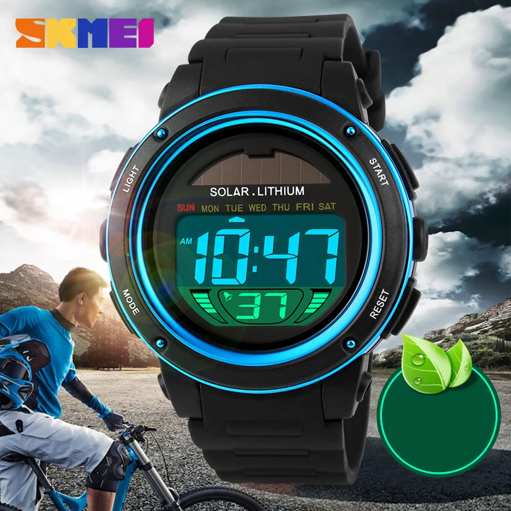 Solar Powered Digital Men Women Sports Watch Big Dial 5ATM Water-resistant Multi-function Unisex Wristwatch with Chronogra
