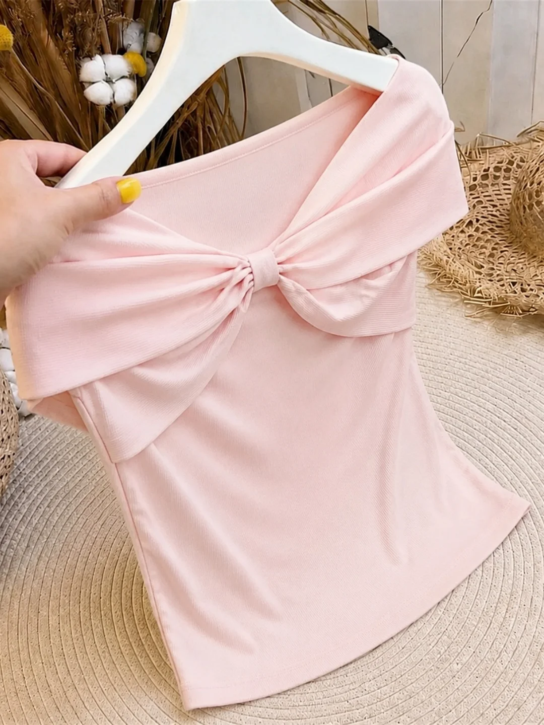 Sweet Minimalist Style One Shoulder T-Shirt Women's Pure Color Versatile Slimming Top Commute Korean Style Short Sleeve