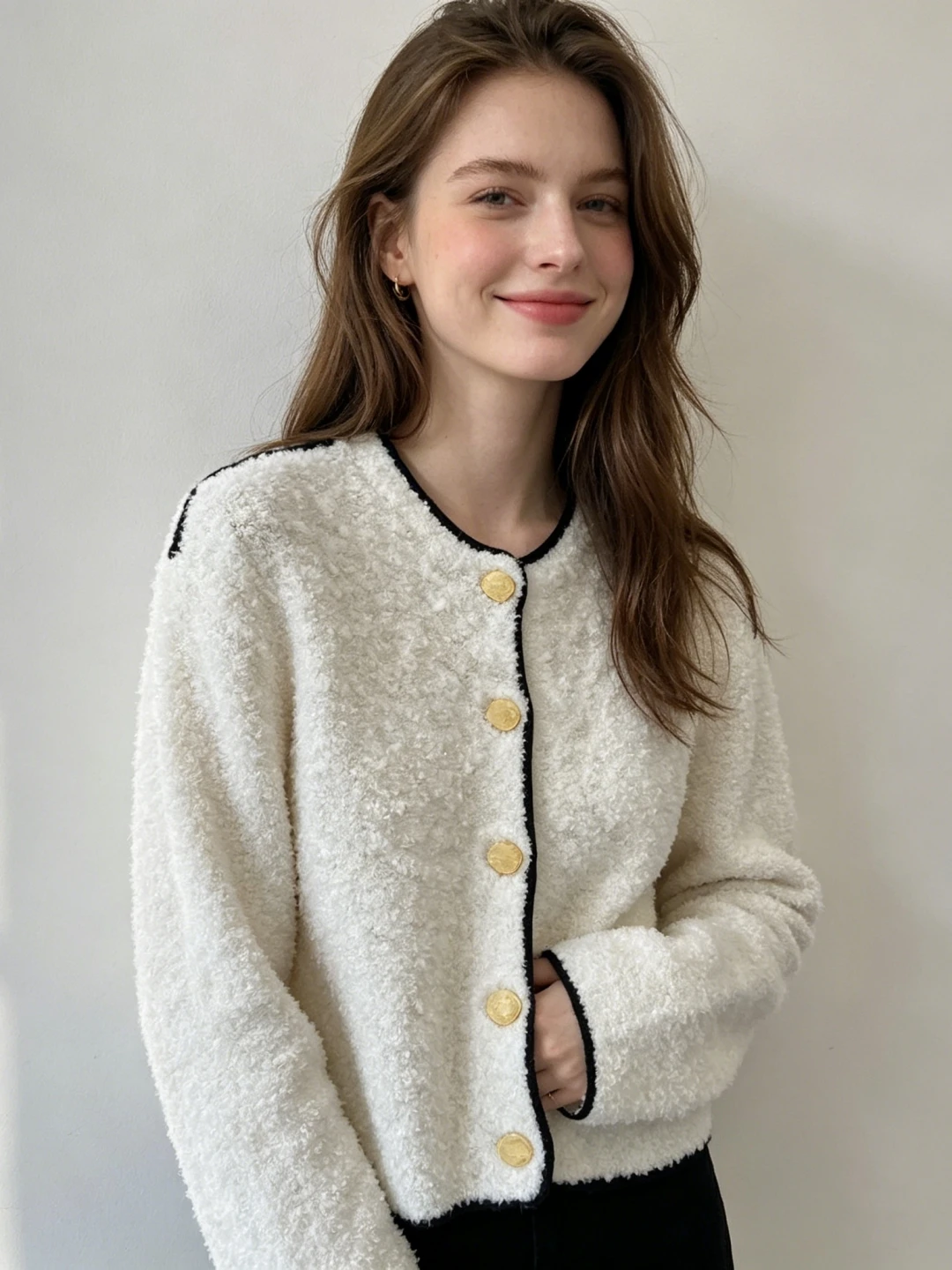 Women's Round Neck Gold Button Knitted Cardigan Contrast Edge Slim Fit Youthful Versatile Summer Long Sleeve Top