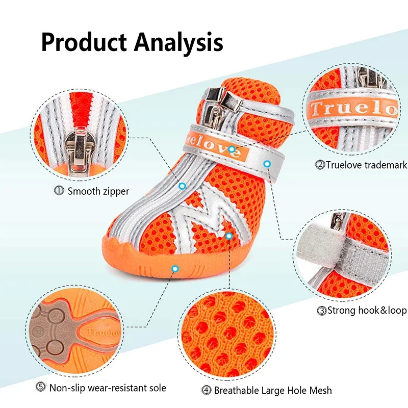 TRUELOVE Soft And Comfortable Pet Shoes TLS5911 Smooth Zipper Strong Hook&loop Breathable Mesh Non-slip Wear-resistant Sole