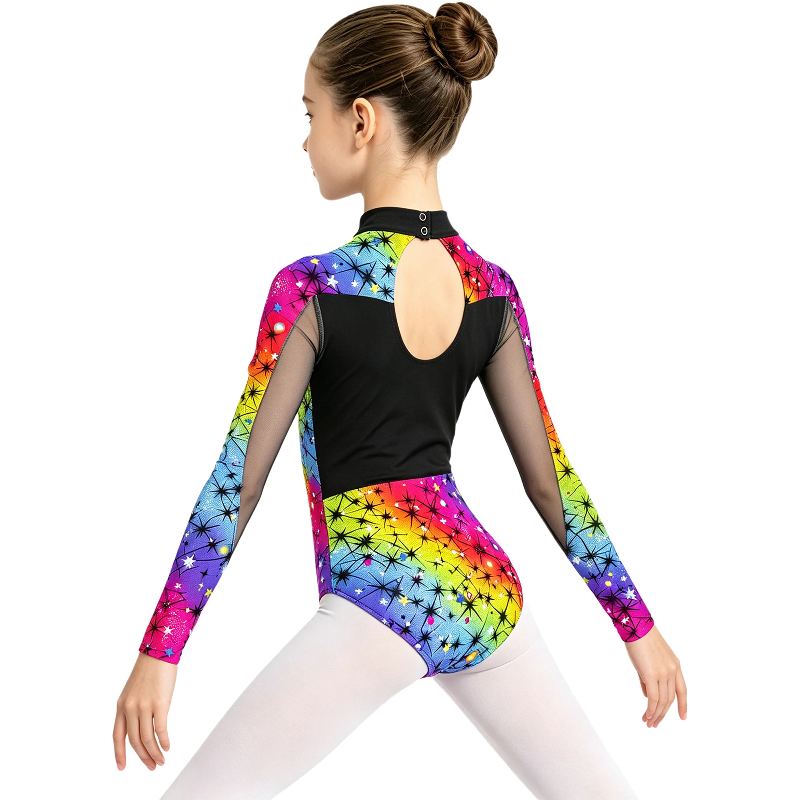 Girls Gymnastics Leotard Long Sleeve Mesh Patchwork Printed Ballet Dance Unitard Figure Skating Acrobatics Performance Jumpsuit