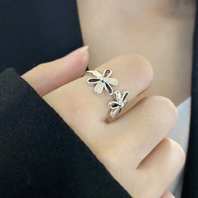 925 Sterling Silver Hollowed Out Flower Opening Ring Adjustable Index Finger for Women Vintage Fashion Jewelry Party Gift