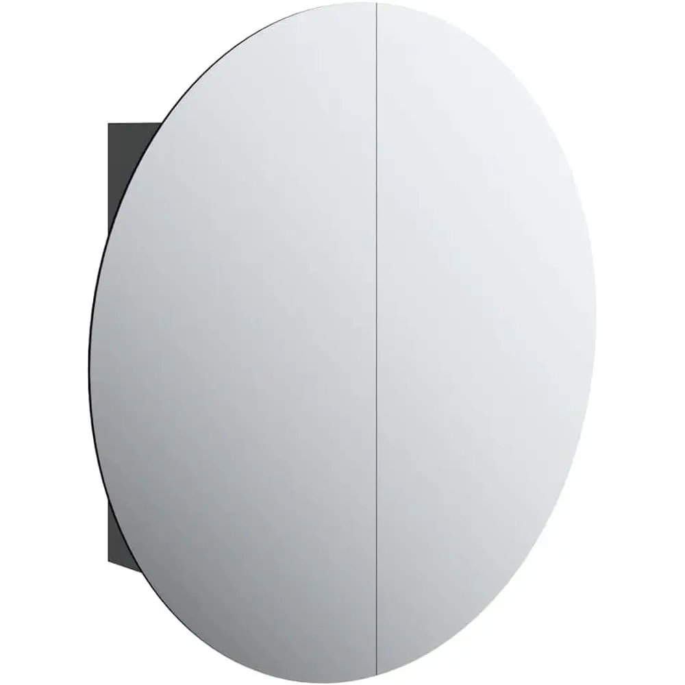 

ern Bathroom Cabinet - Black Engineered Wood - Wall Mount with LED String, Round Mirror, and Ample Storage – 21.3" x 21.3" x 6.9