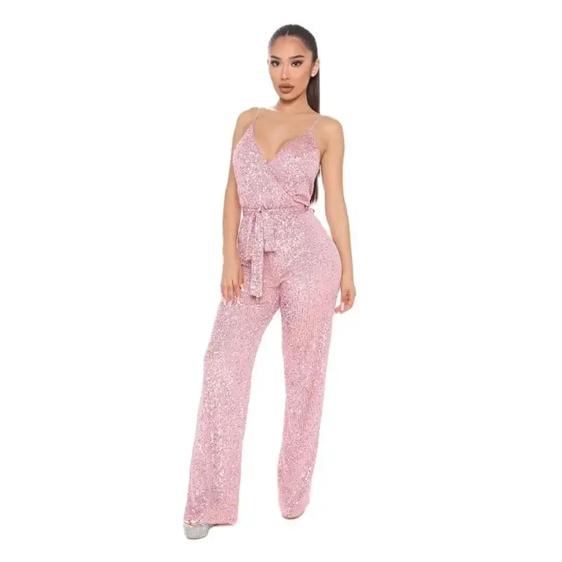 

Fashion Chic Shiny Sequins Backless Suspenders Jumpsuit Women High Waist Lace-up Slim Crossover V Neck Rompers Female Party Wear