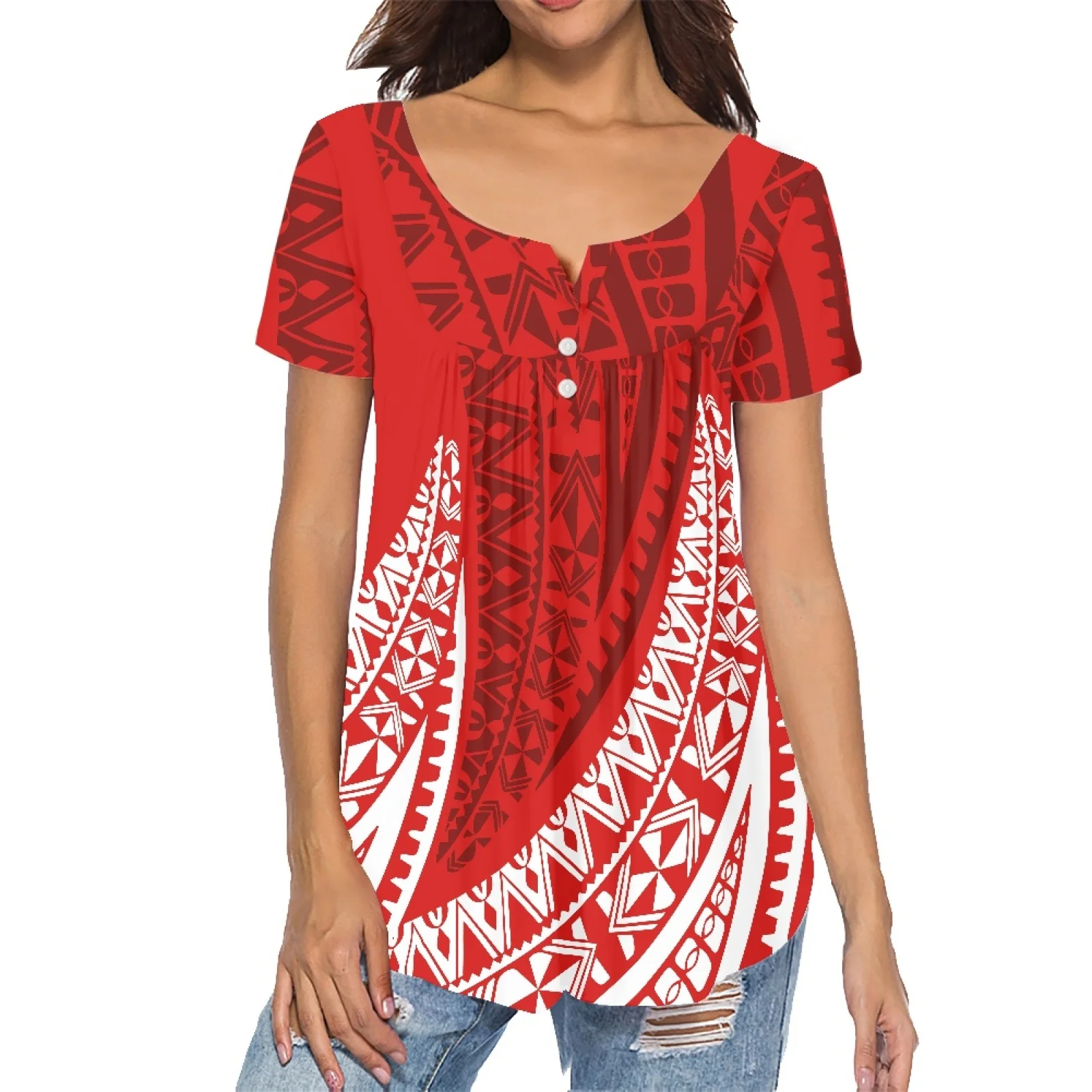 Summer Girl Trendy Shirt Island Wear Tattoo Print Polynesian Tribal Luxury Ladies Sexy V-neck Top Ladies Pleated Buckle Shirt