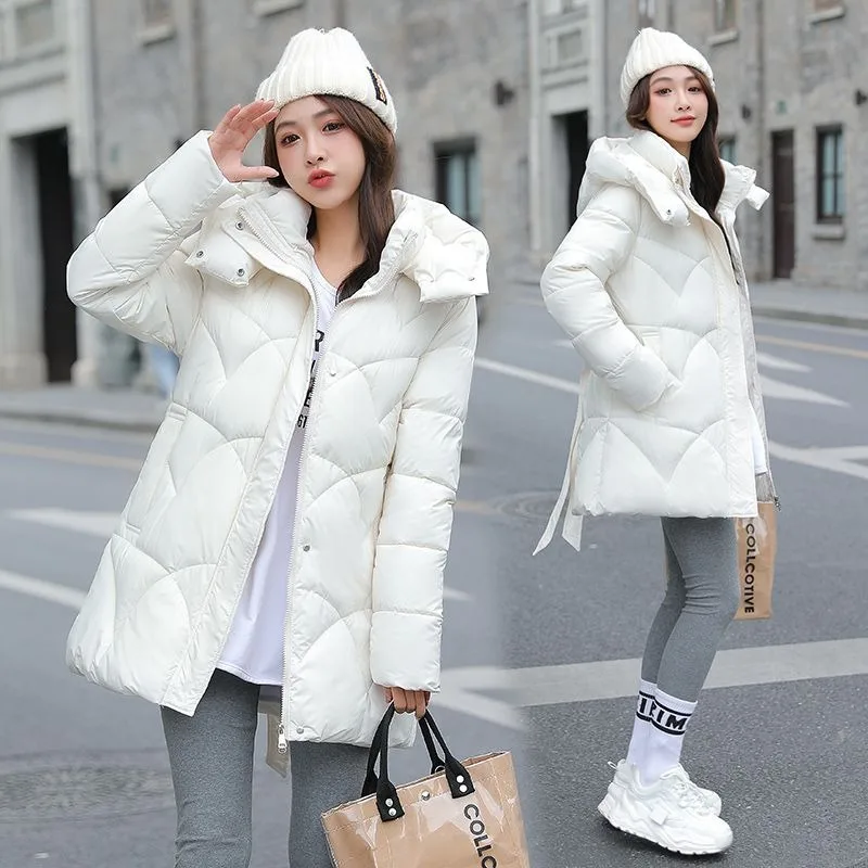 2023 New Women Down Cotton Coat Winter Jacket Female Mid-length Slim Parkas Thicken Simple Commuter Outwear Hooded Overcoat