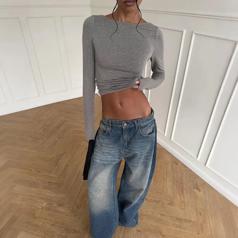 Talenza Sexy Hollow Out Long-Sleeved Top Fashion Slim Solid Backless Pullover High-Street Party Looks Spring Autumn Women's Top