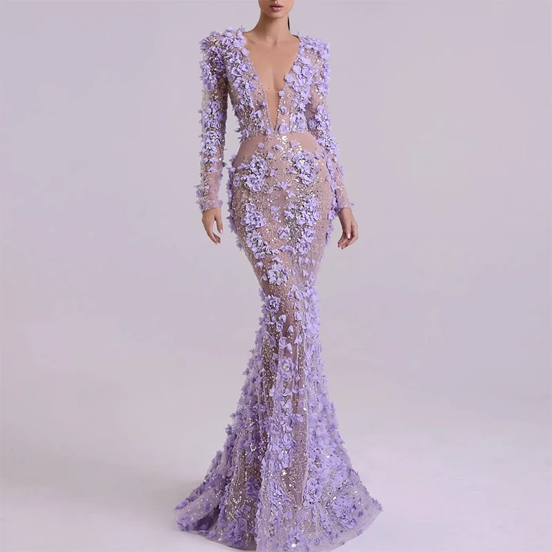 

Purple Deep V-neck Formal Evening Dresses 3D Flower applique Mermaid Court Train Prom Dresses Customized فساتين سهرات