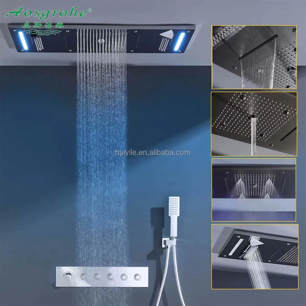 Ceiling Shower Set Mounted LargeRainfall Thermostatic Shower Faucet Set High Quality Concealed Shower Set LED Light
