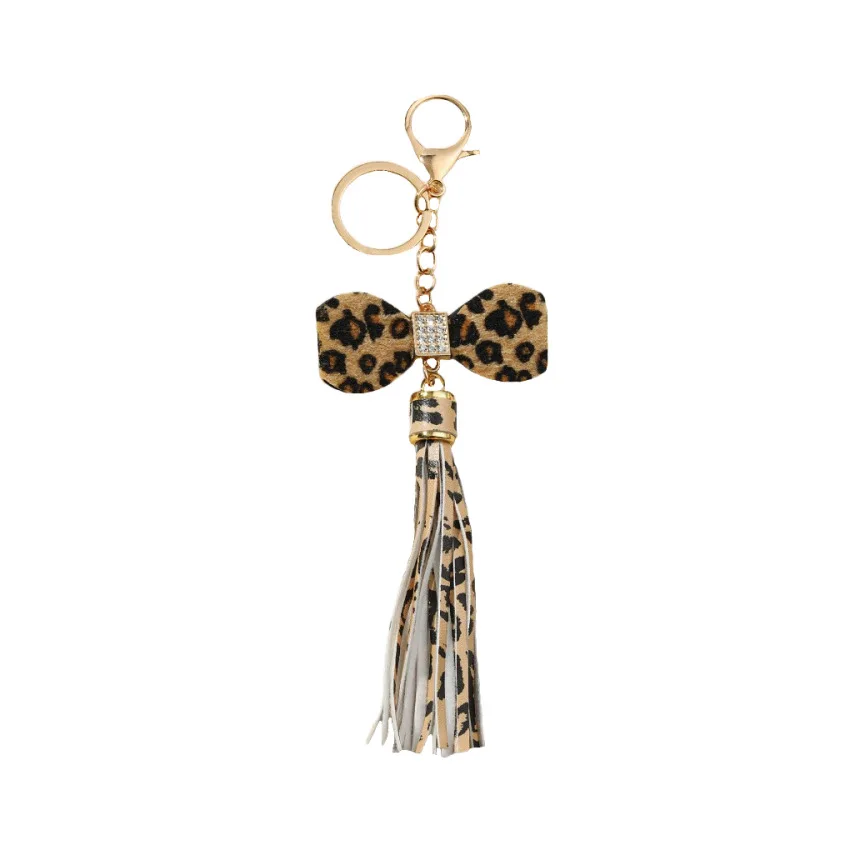 Cute Leopard Pu Leather Tassel Bowtie Accessory Crystal Shining Handmade Fashion Keychain for Women Car Key Purse Handbag