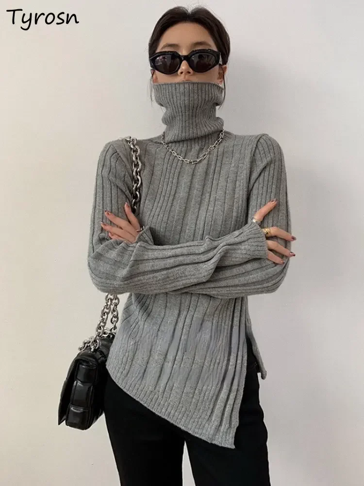 Turtleneck Pullovers Women Minimalist Design Asymmetrical Ladies Side-slit Pure All-match Slim Autumn Sweater Korean Style Chic