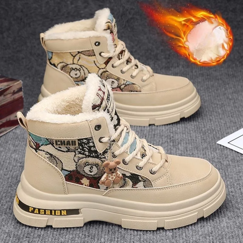 

New Men Boots 2024Winter Plush Korean Style Fashion Cotton Shoes Little Bear High Top Ankle Boots Outdoor Sports Work Snow Boots