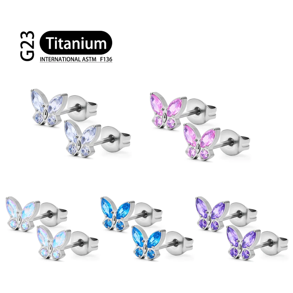 G23 ASTM F136 Titanium Butterfly buckle Stud Ear Tragus Cartilage Zircon Butterfly buckle Earrings 16G Piercing Body Jewelry