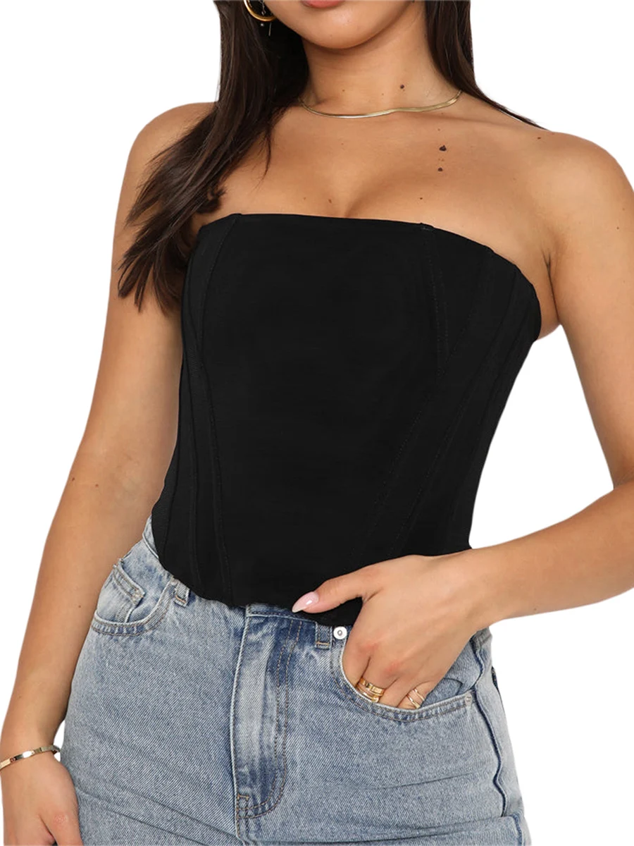 JBEELATE Women s Strapless Crop Tops Y2K Sexy Tube Tops Strapless Bandeau Crop Tank Summer Corset Top Solid Black Small