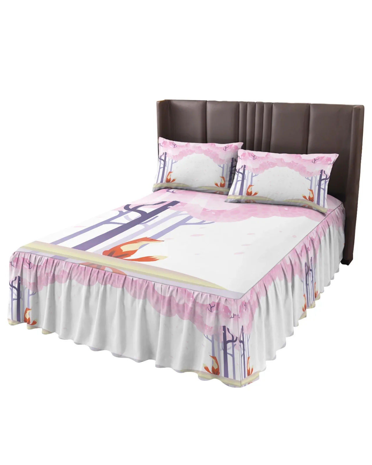 Cartoon Cherry Blossom Fox Bed Skirt Elastic Fitted Bedspread With Pillowcases Mattress Cover Bedding Set Bed Sheet