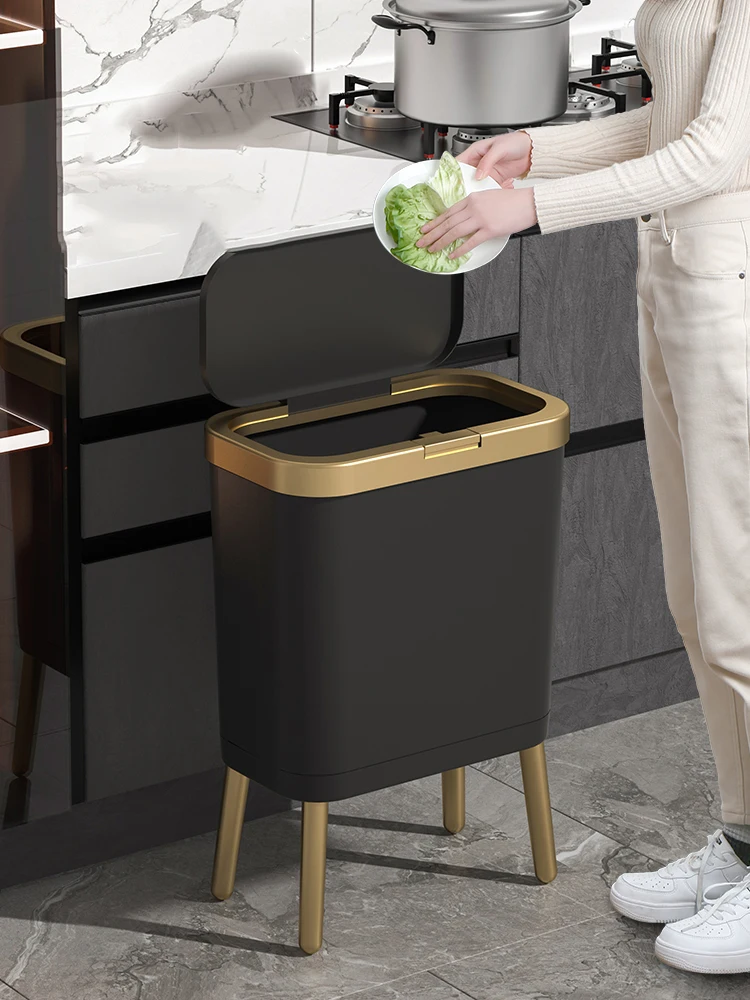 

Golden Luxury Trash Can for Kitchen Creative High-foot Black Garbage Tin for Bathroom