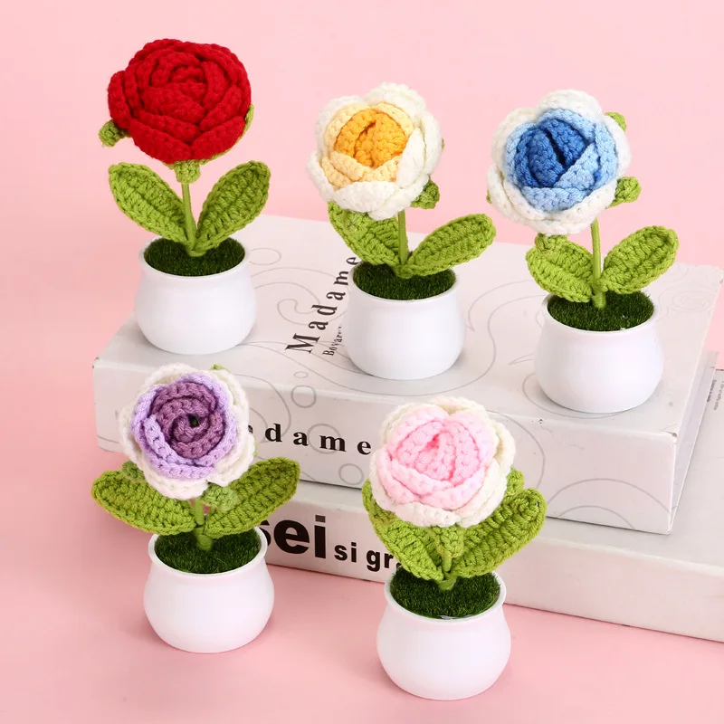 

Rose Flowers Sunflower Artificial Crochet Potted Desk Accessorie Office Accessorie Wedding Decor Teacher's Day Gift Girasol
