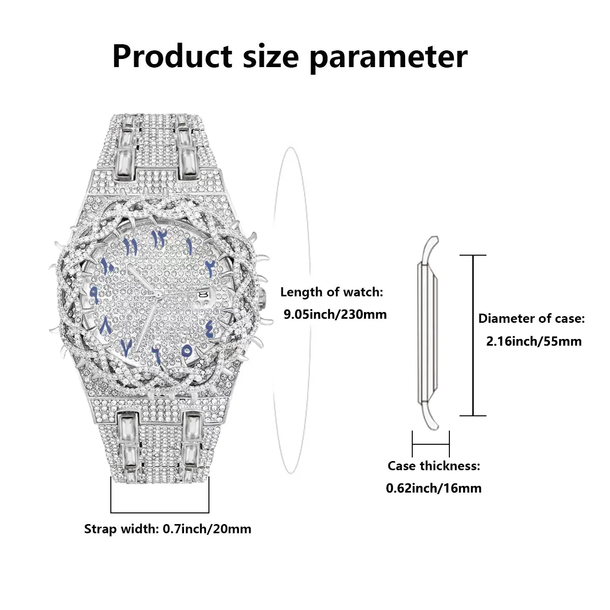 1pc Men's Quartz Watch. New Model with Full Water-Diamond Strap. Ice-Cold Hip Large Dial Men's Watch. Personalized Mesh-Set Zirc view 2