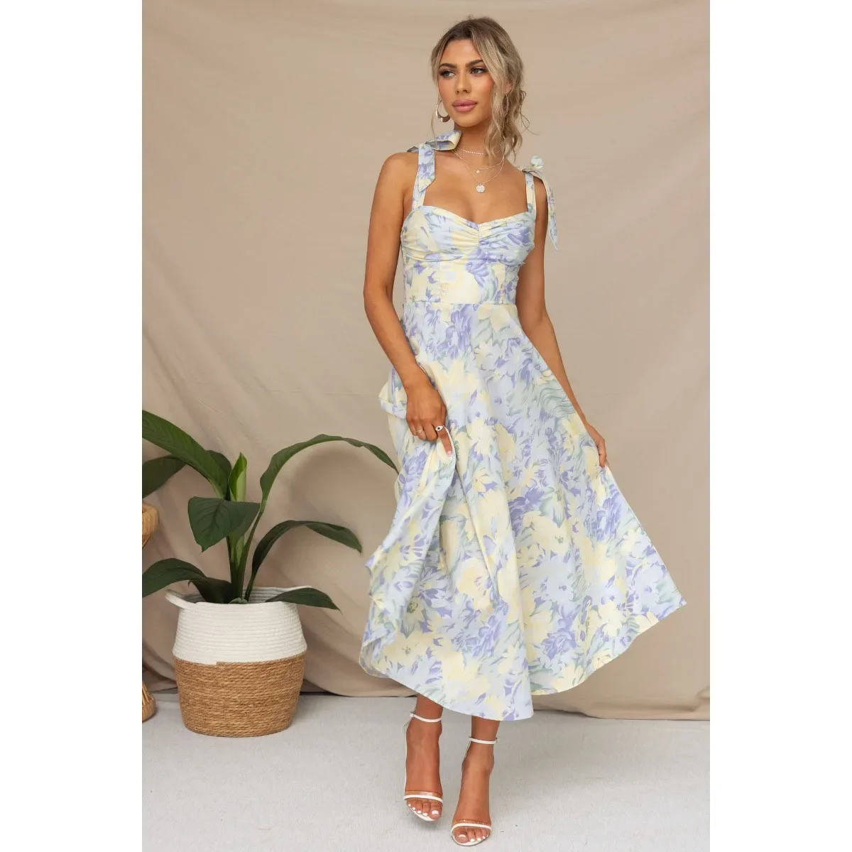 CPSYMYM Plus Size Lady Spring Summer Dress Green Floral Print V-Neck Long Dresses Casual Bohemian Sleeveless Women Beach Party D