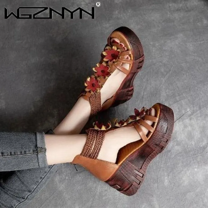 2023 Retro Summer Women Flowers Sandals Genuine PU Leather Open Toe Shoes Casual High Heel Wedges Platform Sandals Woman