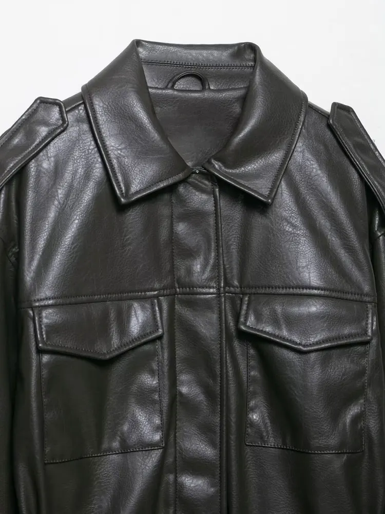 Moda feminina com cinto jaqueta de couro falso casaco manga longa bolsos frontais feminino outerwear chiques topos