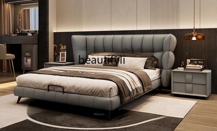 Leather double bed master bedroom high-end modern luxury wedding bed Italian minimalist style