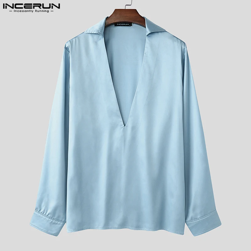 

Fashion Men Shirts Solid Color Lapel Collar Loose Tops Elegant Handsome Tops 2025 INCERUN Men Casual Long Sleeve Shirts