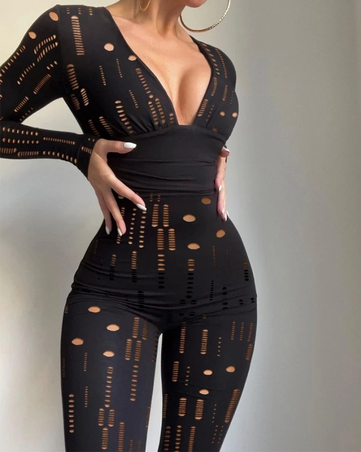 Sexy Women's Jumpsuit V-Neck Lace Hollow Out Ripped Perspective Long Sleeved High Waisted Knitted Pants Street Tight Jumpsuit