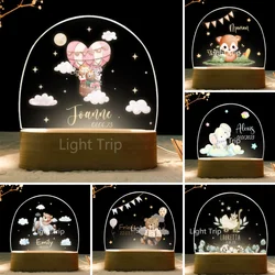 Luz nocturna de nacimiento personalizada para bebé, lámpara con nombre personalizado, Animal, zorro, oso, jirafa, Base de madera USB, Decoración de mesa de dormitorio, arcoíris