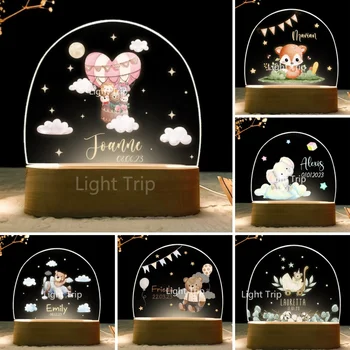 Luz nocturna personalizada para nacimiento de bebé, nombre personalizado, Animal, zorro, oso, jirafa con USB, lámpara con Base de madera para mesa de dormitorio, decoración de arcoíris