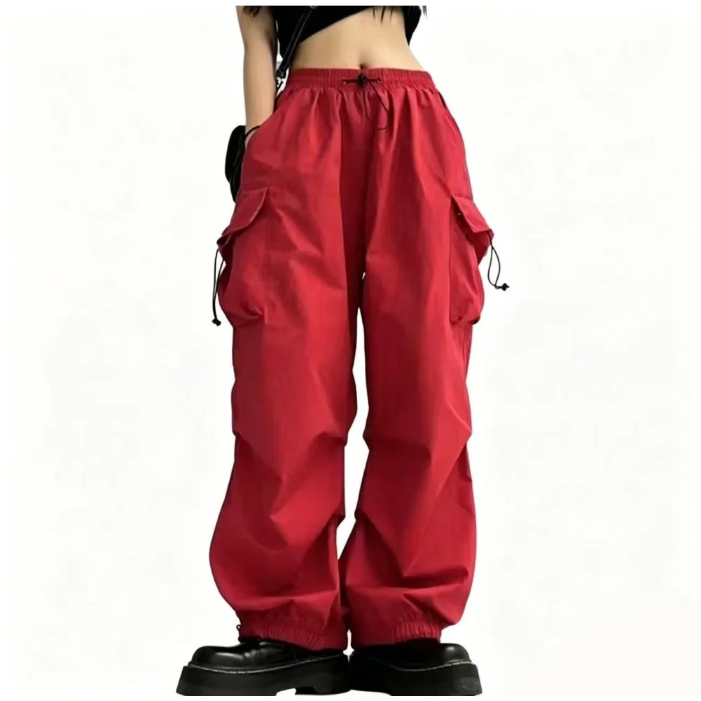 Wide Leg Trousers Elastic Waist Pants Side Pockets Lightweight Fabric Solid Color Full Length Casual Loose Fit