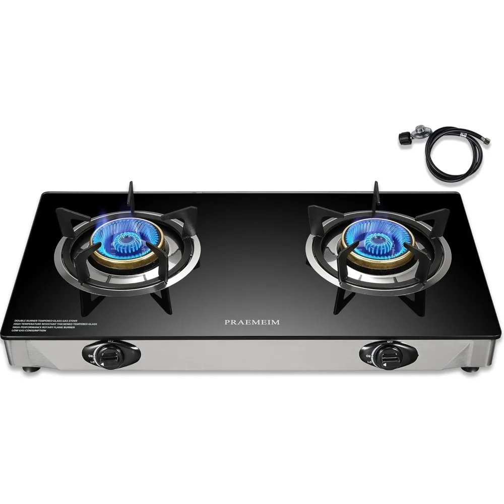 2 Burner Propane Stove With Flame Failure Device, Portable Tempered Glass Camping Gas Cooktop, Auto Ignition Outdoor Gas Cooker