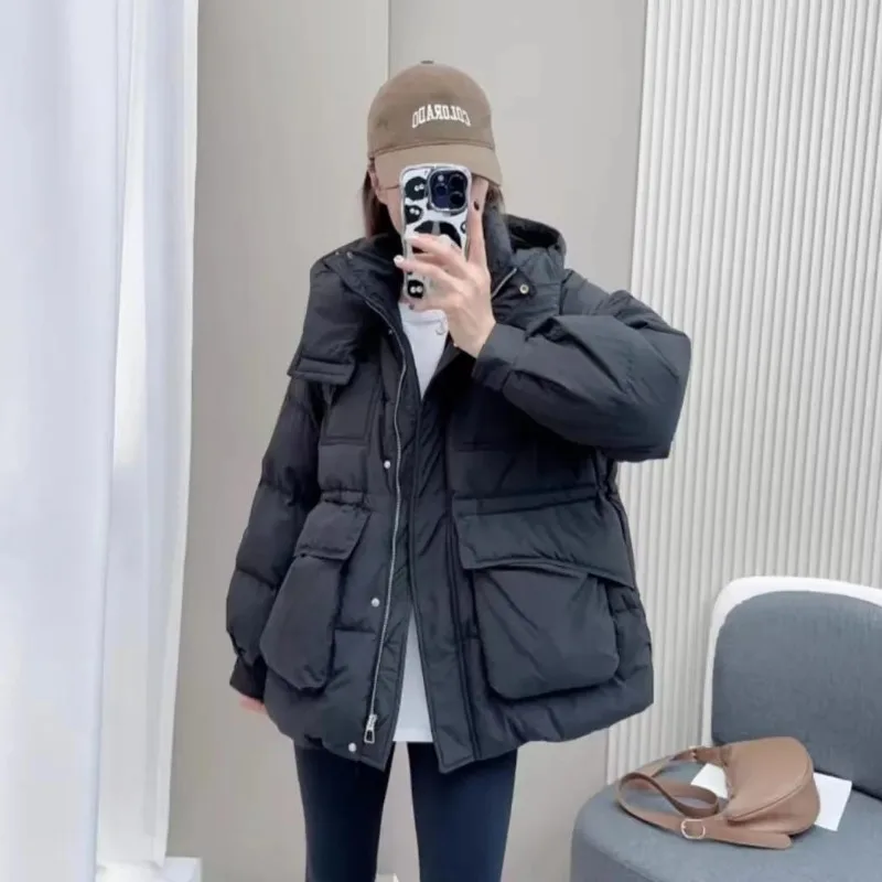 2023 New Women Down Jacket Mid-Length Tight Waist Loose Large Pockets White Duck Down Outwear Winter Fashion Casual Hooded Parka