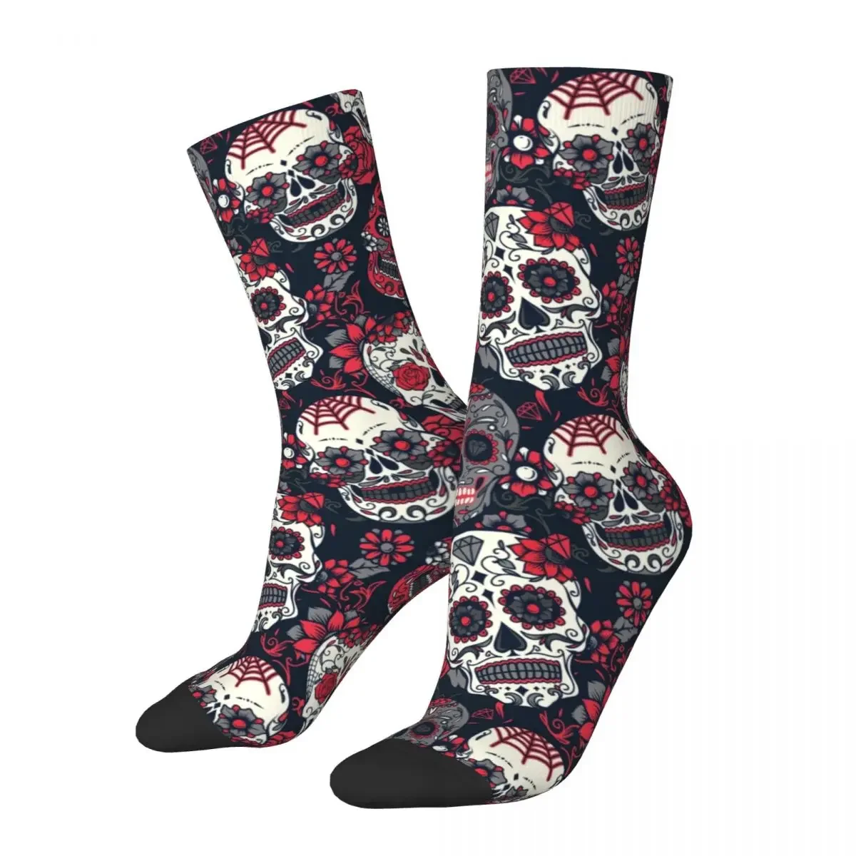 

Autumn Winter Retro Men's Women's Sugar Skull Pattern Red Socks Breathable Novelty Street Style Crazy Basketball Socks